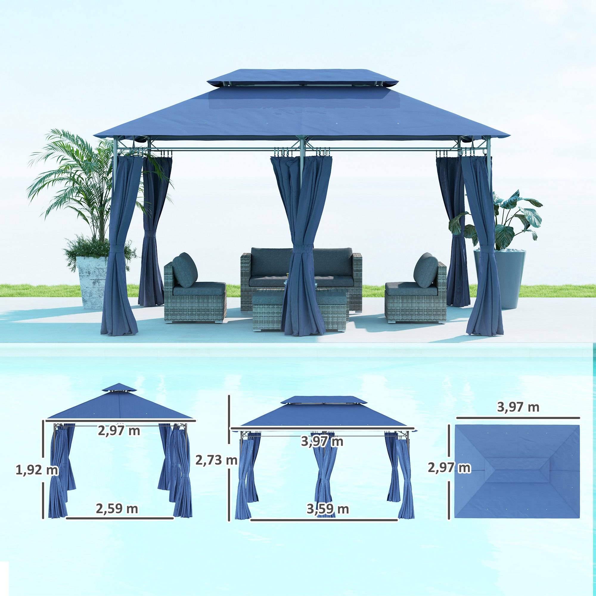 Outsunny - Tonnelle de jardin 3x4m avec 6 rideaux amovibles double toit pour patio terrasse festival bleu foncé - Outsunny - Image 3
