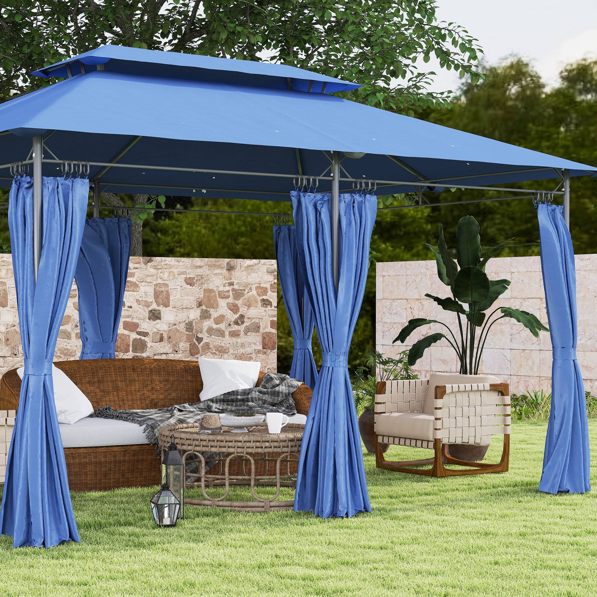 Outsunny - Tonnelle de jardin 3x4m avec 6 rideaux amovibles double toit pour patio terrasse festival bleu foncé - Outsunny - Image 8