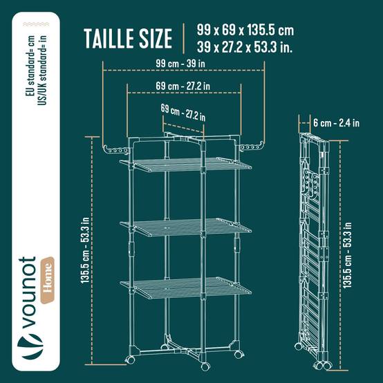 Vounot - Séchoir à linge tour pliable 99x69x135,5cm, Étendoir 3 niveaux grande capacité avec roulettes, 25m d’étendage, Blanc, VOUNOT® - Image 3