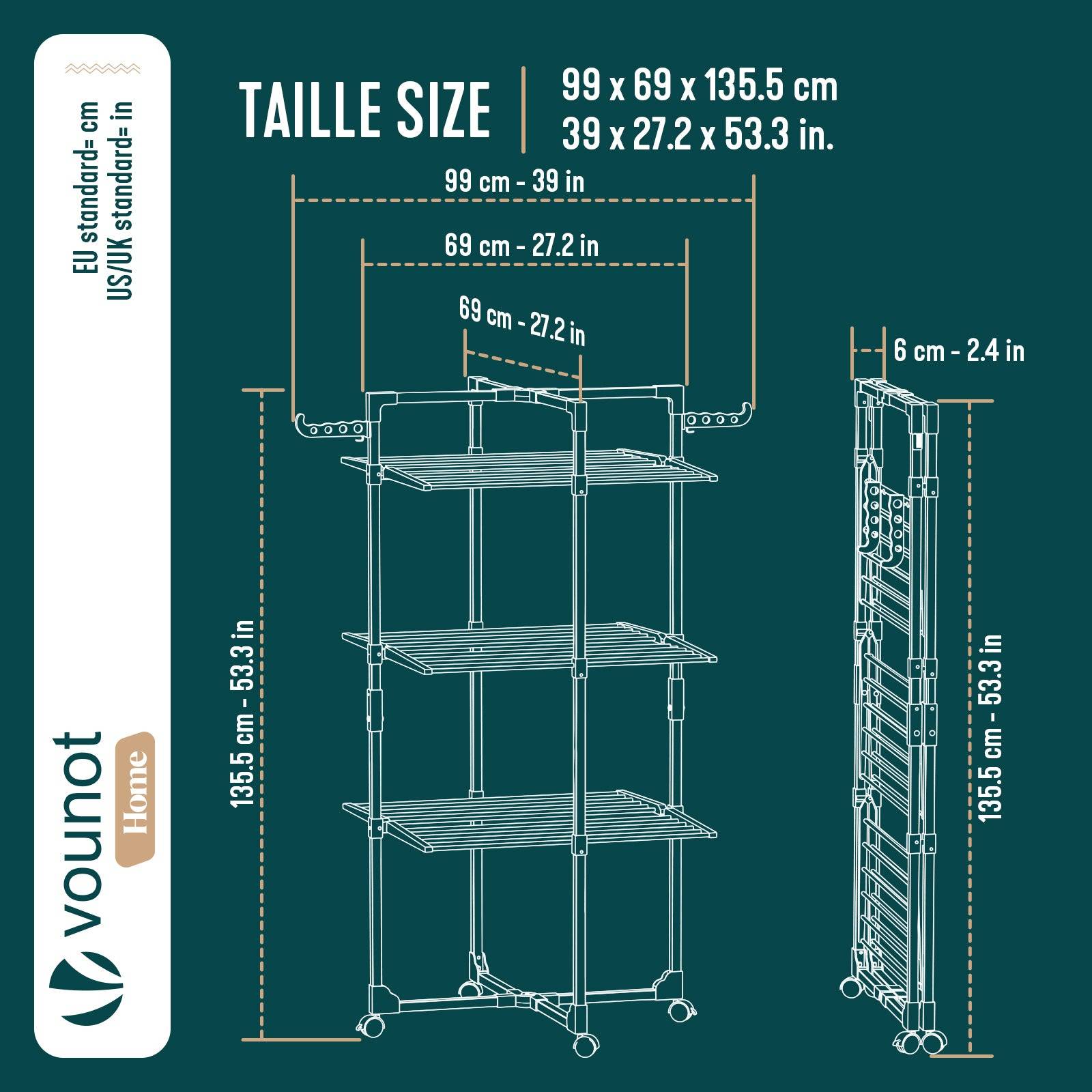 Vounot - Séchoir à linge tour pliable 99x69x135,5cm, Étendoir 3 niveaux grande capacité avec roulettes, 25m d’étendage, Blanc, VOUNOT® - Image 3