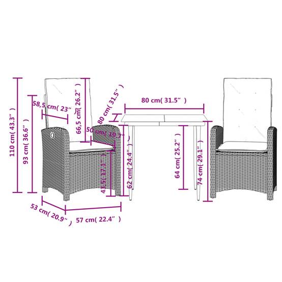 Salon de Jardin Repas 2 Personnes en Résine Tressée Beige, 2 Fauteuils Inclinables et Table Carrée – ComfortXL Outdoor Living - Image 9