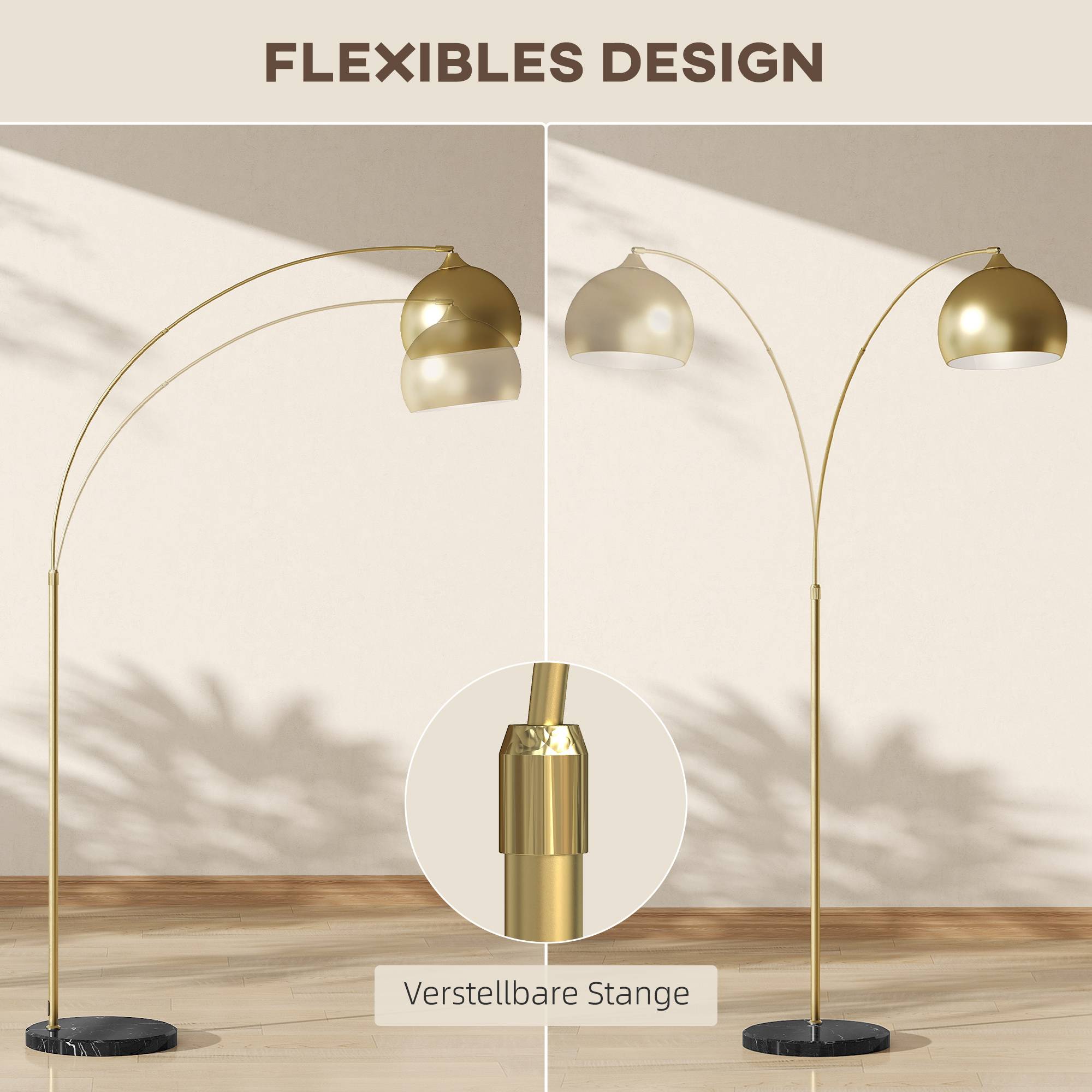 Lampadaire arqué, hauteur réglable, interrupteur au pied, base effet marbre, 170-180 cm, or/noir - Image 7