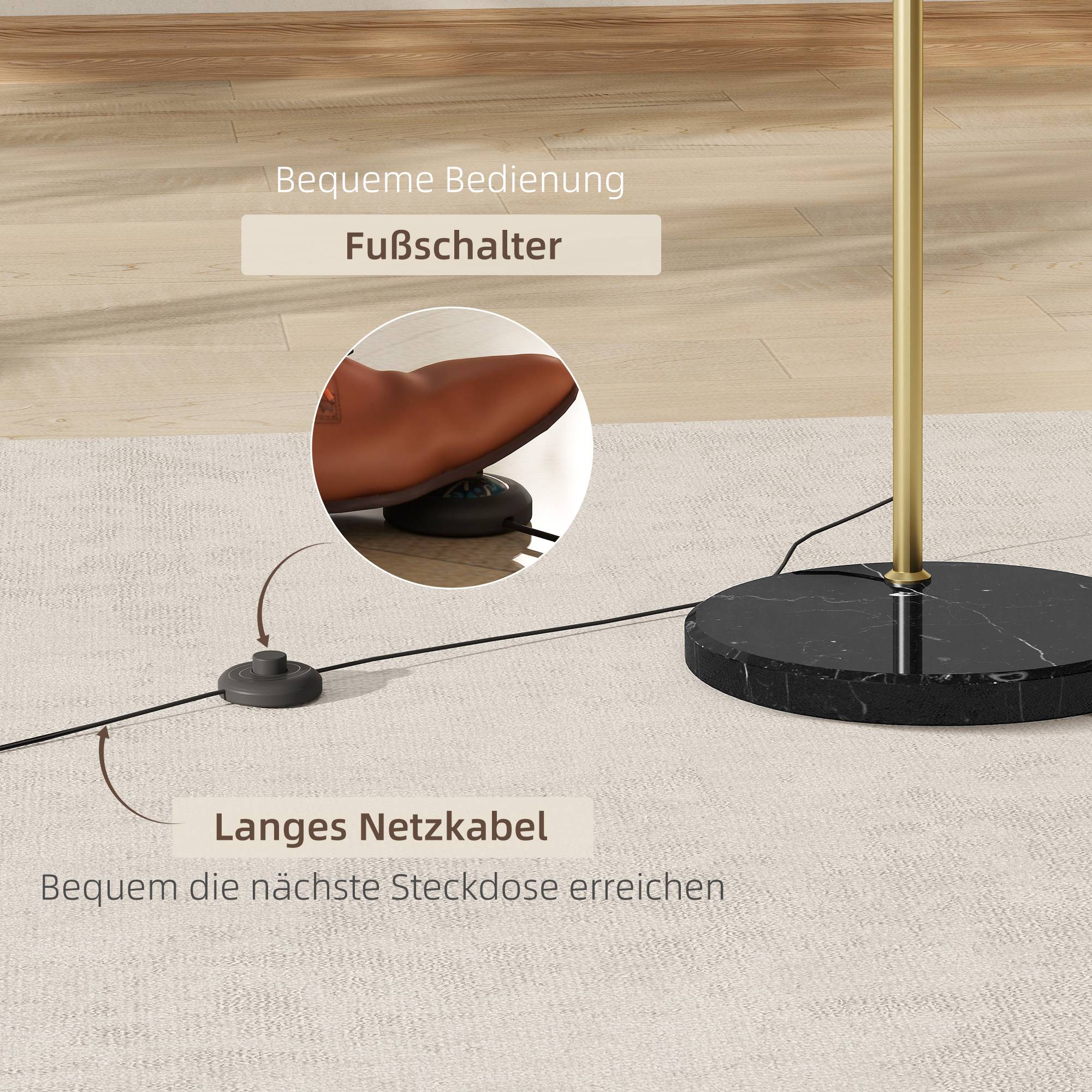 Lampadaire arqué, hauteur réglable, interrupteur au pied, base effet marbre, 170-180 cm, or/noir - Image 8