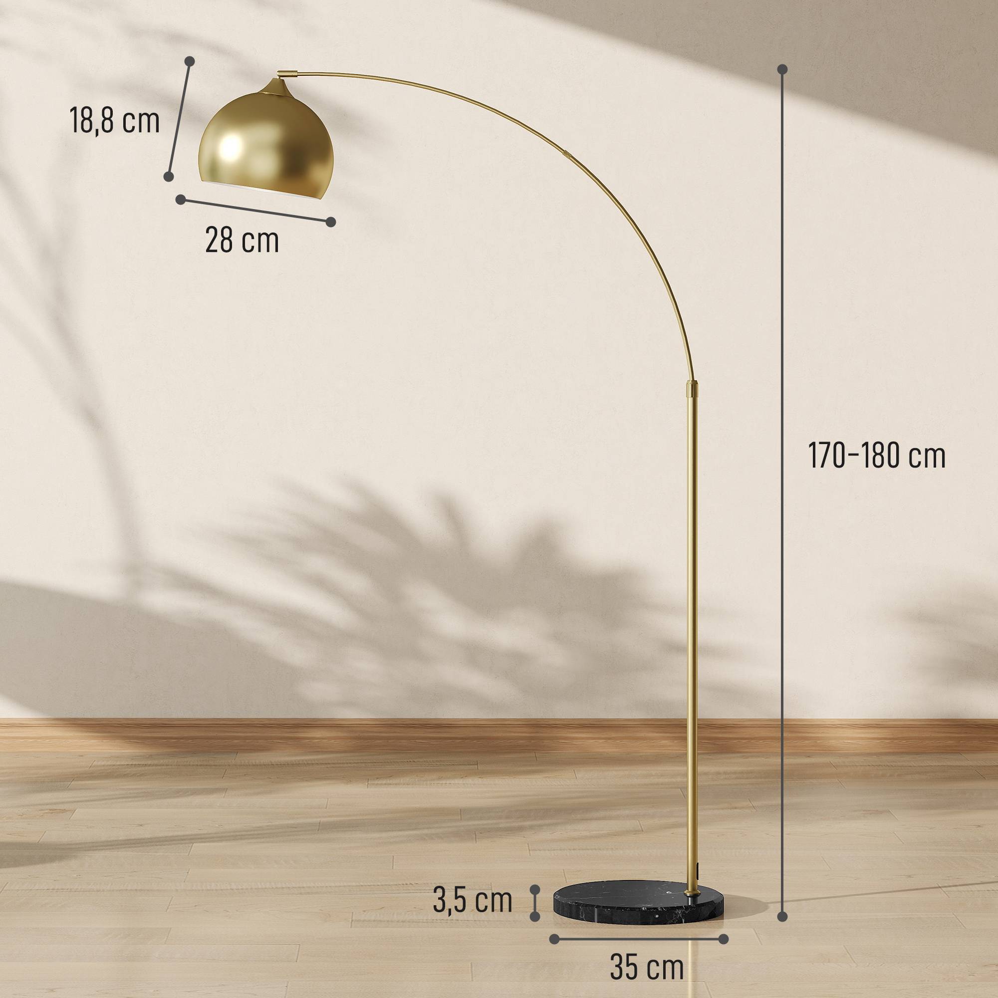 Lampadaire arqué, hauteur réglable, interrupteur au pied, base effet marbre, 170-180 cm, or/noir - Image 5