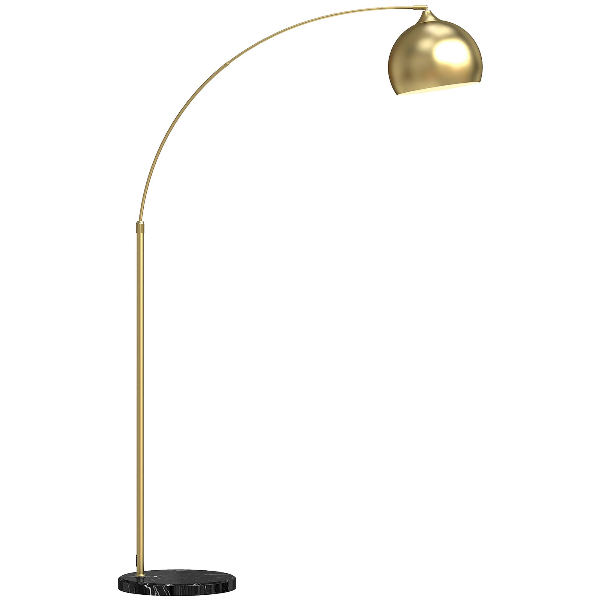 Lampadaire arqué, hauteur réglable, interrupteur au pied, base effet marbre, 170-180 cm, or/noir - Image 1