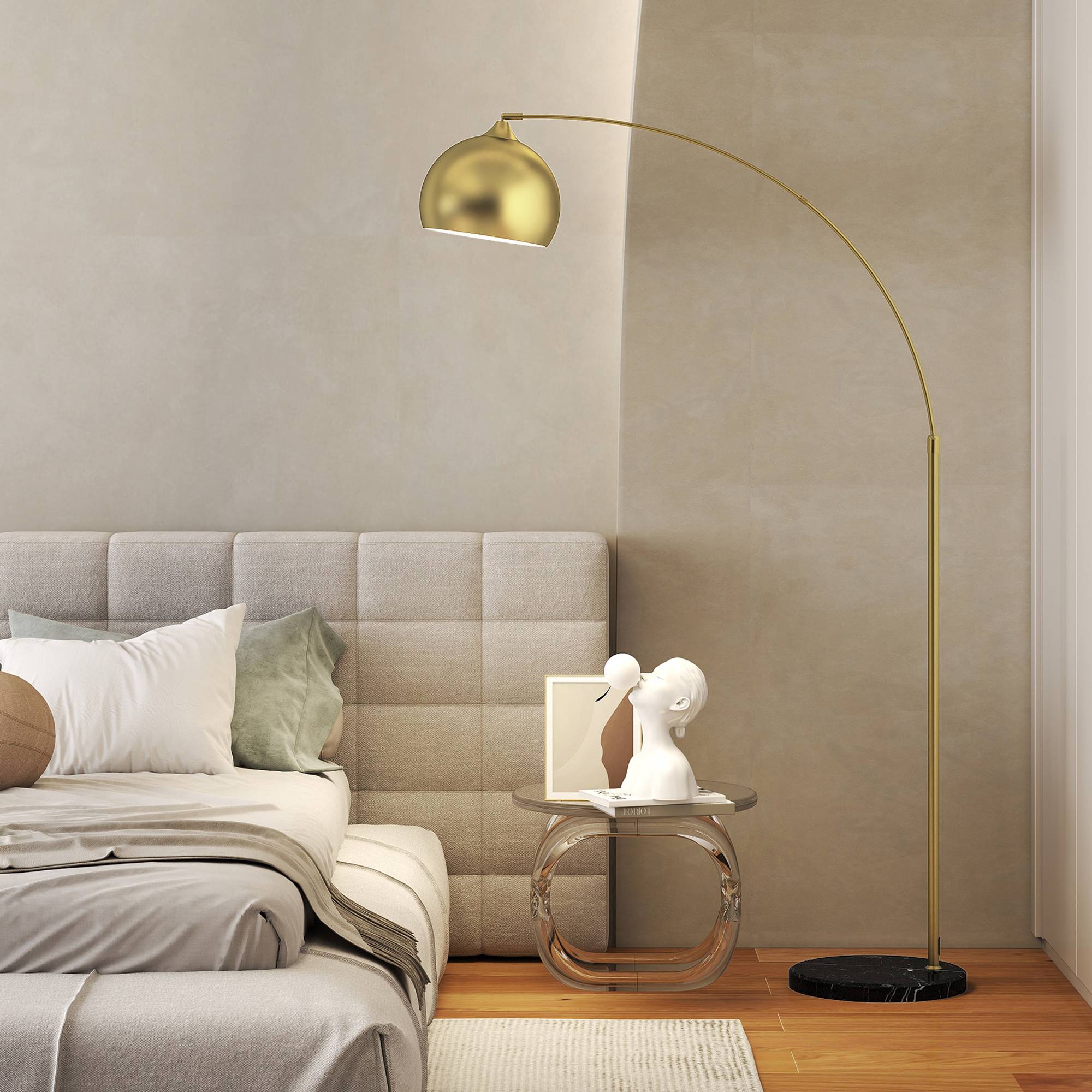 Lampadaire arqué, hauteur réglable, interrupteur au pied, base effet marbre, 170-180 cm, or/noir - Image 10