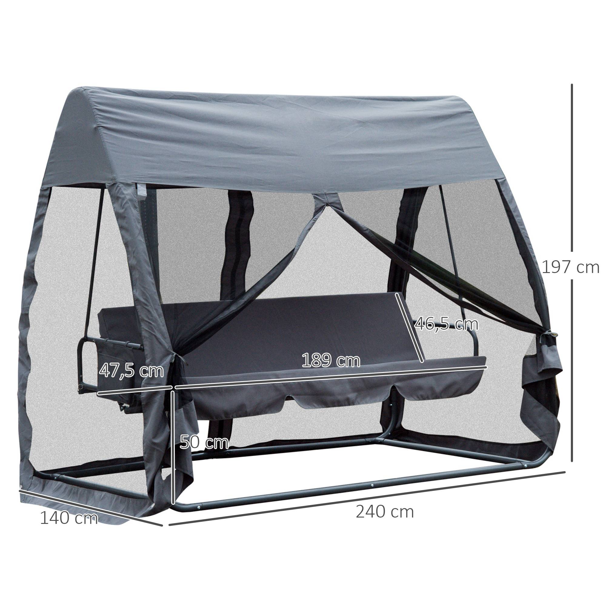 Outsunny - Balancelle de jardin convertible 3 places - matelas, moustiquaire intégrale zippée, toit,  rangement - métal époxy polyester gris - Outsunny - Imagen 3