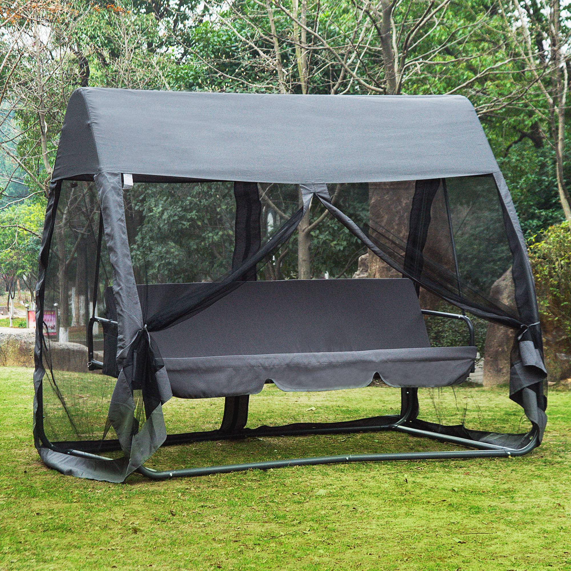 Outsunny - Balancelle de jardin convertible 3 places - matelas, moustiquaire intégrale zippée, toit,  rangement - métal époxy polyester gris - Outsunny - Imagen 2