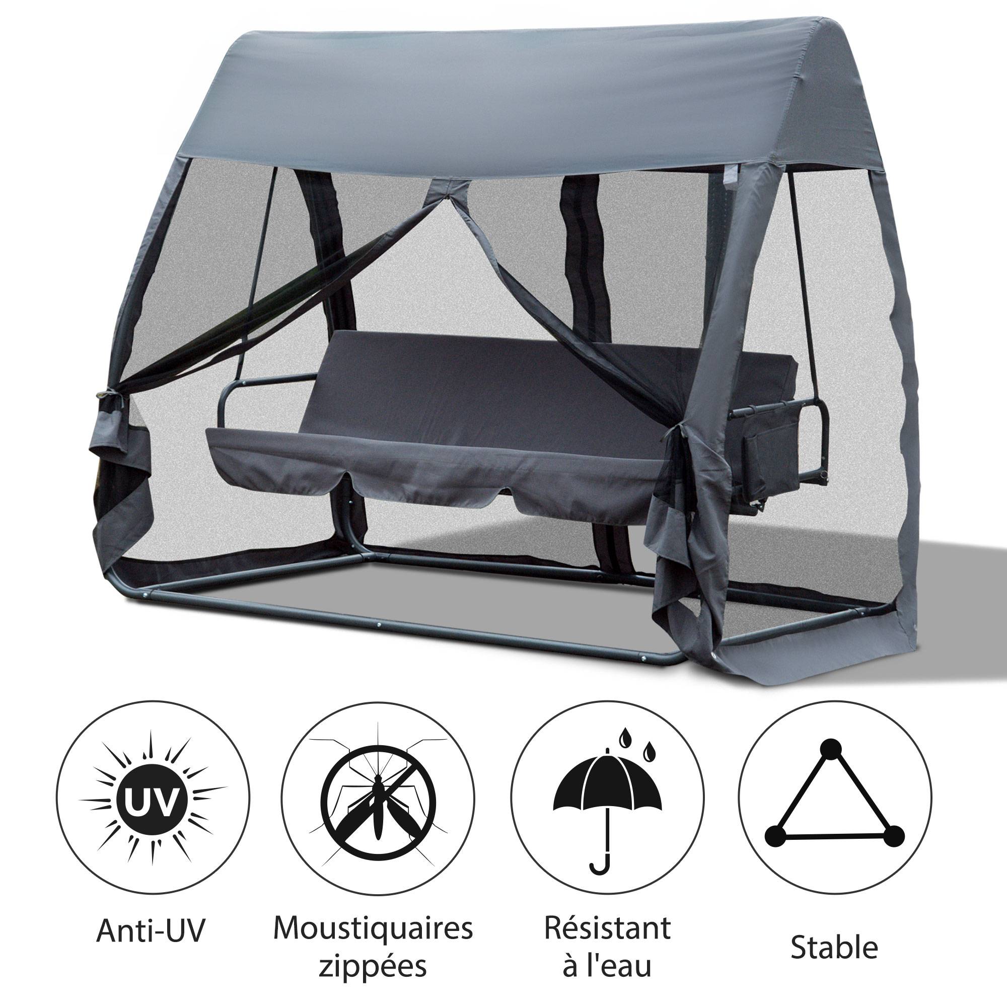 Outsunny - Balancelle de jardin convertible 3 places - matelas, moustiquaire intégrale zippée, toit,  rangement - métal époxy polyester gris - Outsunny - Imagen 4