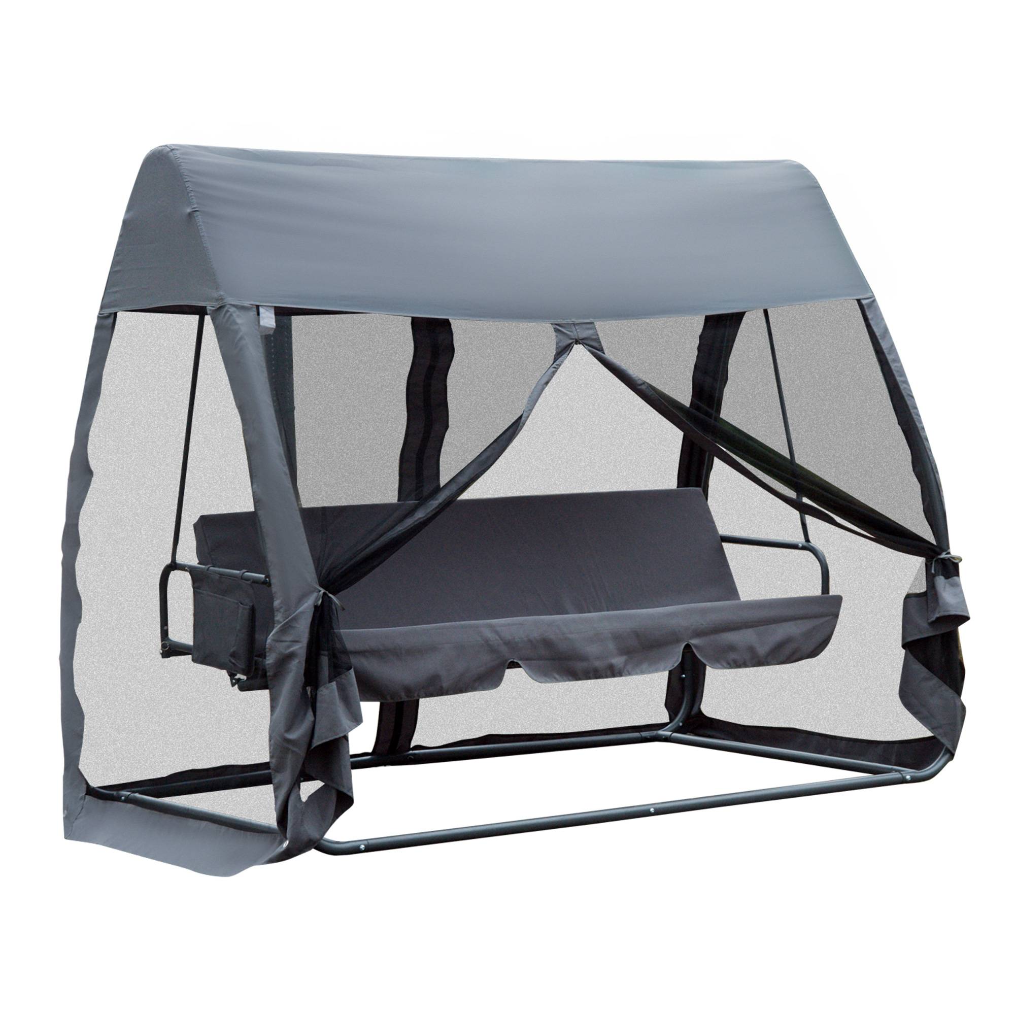 Outsunny - Balancelle de jardin convertible 3 places - matelas, moustiquaire intégrale zippée, toit,  rangement - métal époxy polyester gris - Outsunny - Imagen 1