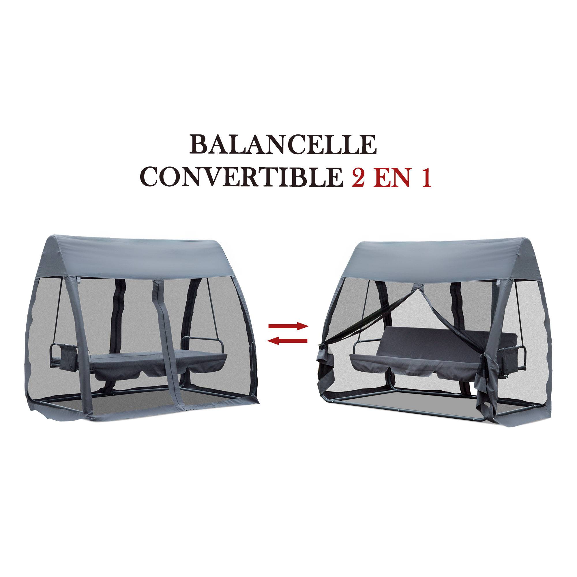 Outsunny - Balancelle de jardin convertible 3 places - matelas, moustiquaire intégrale zippée, toit,  rangement - métal époxy polyester gris - Outsunny - Imagen 5