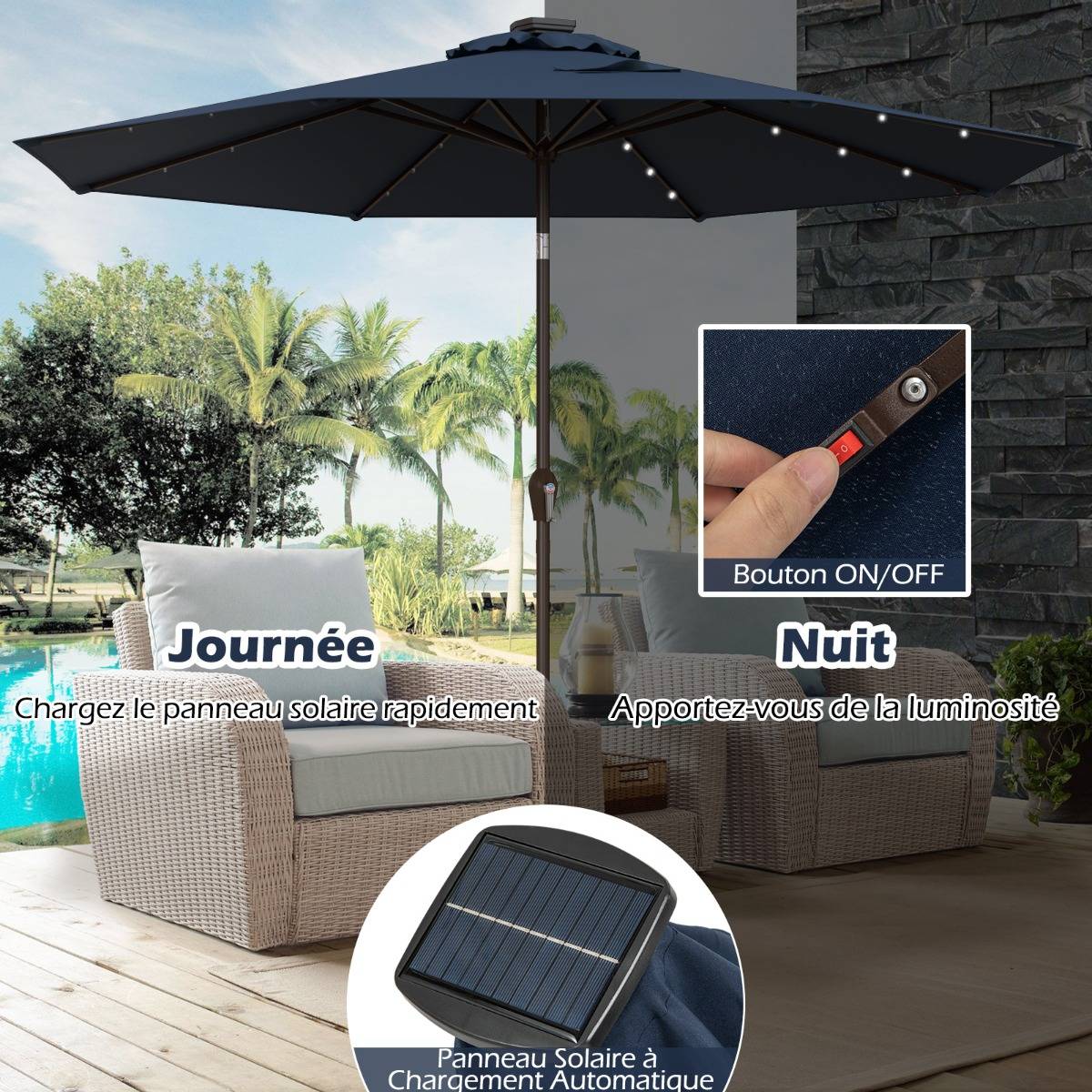 Parasol Inclinable Dia. 300 cm avec 24 Lumières LED Dolaire en Scier Toile Polyester pour Jardin et Terrasse Bleu Foncé - Image 7