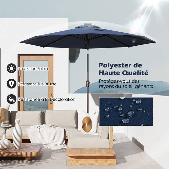 Parasol Inclinable Dia. 300 cm avec 24 Lumières LED Dolaire en Scier Toile Polyester pour Jardin et Terrasse Bleu Foncé - Image 5