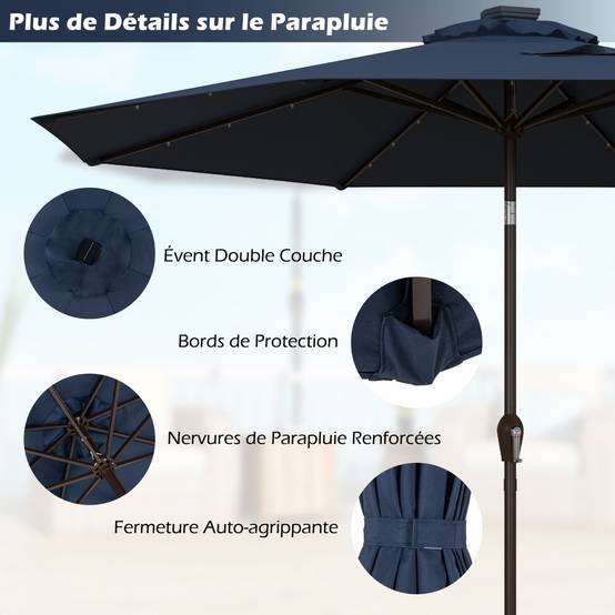 Parasol Inclinable Dia. 300 cm avec 24 Lumières LED Dolaire en Scier Toile Polyester pour Jardin et Terrasse Bleu Foncé - Image 4