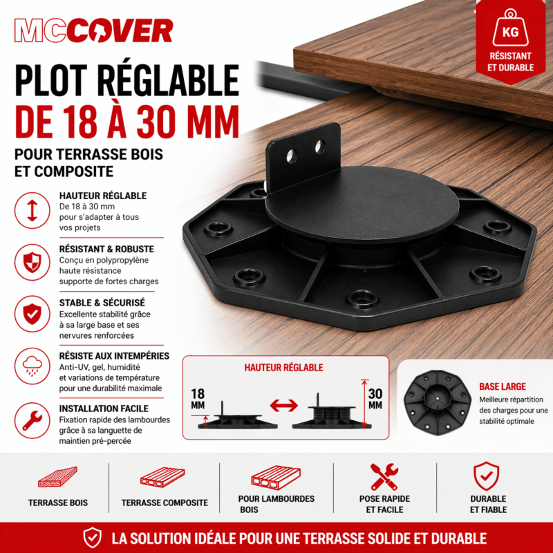 Plot réglable 18 à 30 mm pour terrasse bois et composite - support lambourde extérieur, pose facile - Coloris - Noir - Image 2