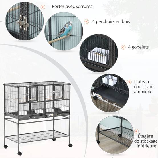 Cage à oiseaux avec séparation mangeoire et perchoir 95L x 45,5l x 102H cm Noir et Gris - Image 6