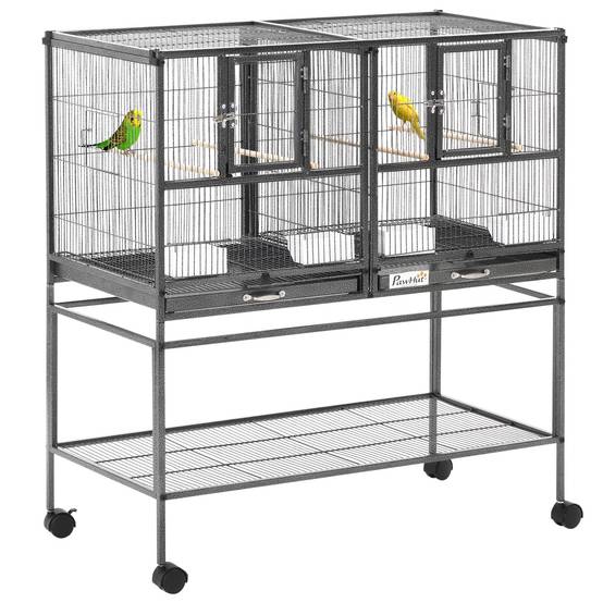 Cage à oiseaux avec séparation mangeoire et perchoir 95L x 45,5l x 102H cm Noir et Gris - Image 1