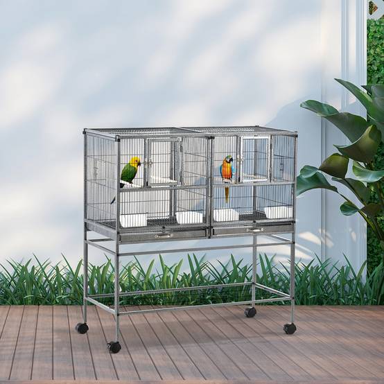 Cage à oiseaux avec séparation mangeoire et perchoir 95L x 45,5l x 102H cm Noir et Gris - Image 3