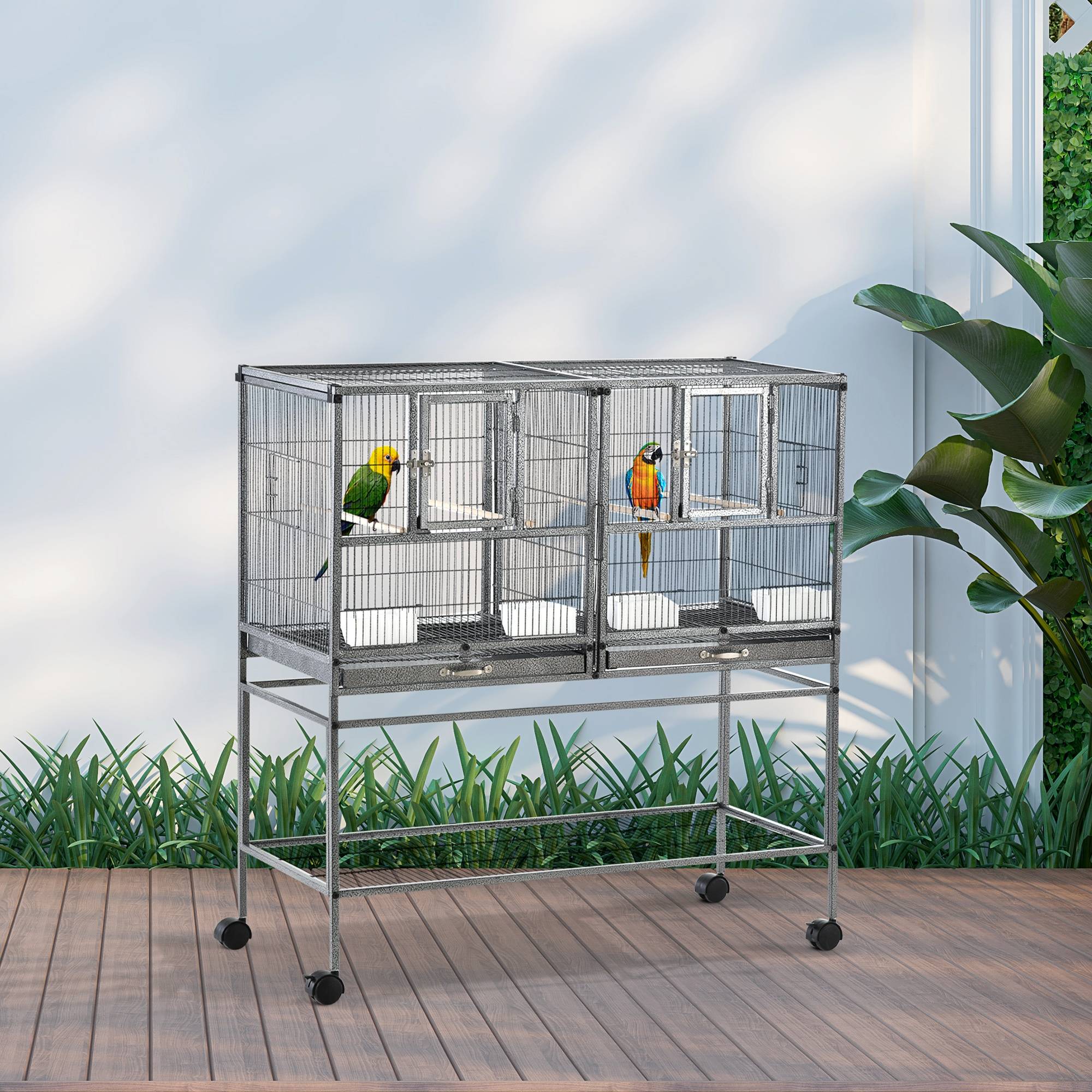 Cage à oiseaux avec séparation mangeoire et perchoir 95L x 45,5l x 102H cm Noir et Gris - Image 3