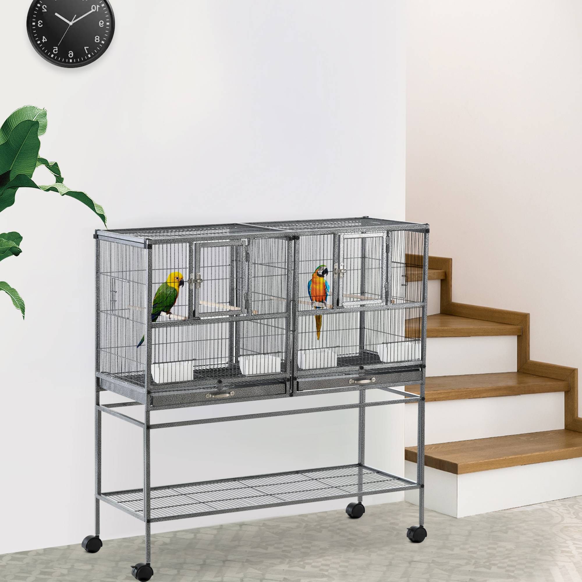 Cage à oiseaux avec séparation mangeoire et perchoir 95L x 45,5l x 102H cm Noir et Gris - Image 4