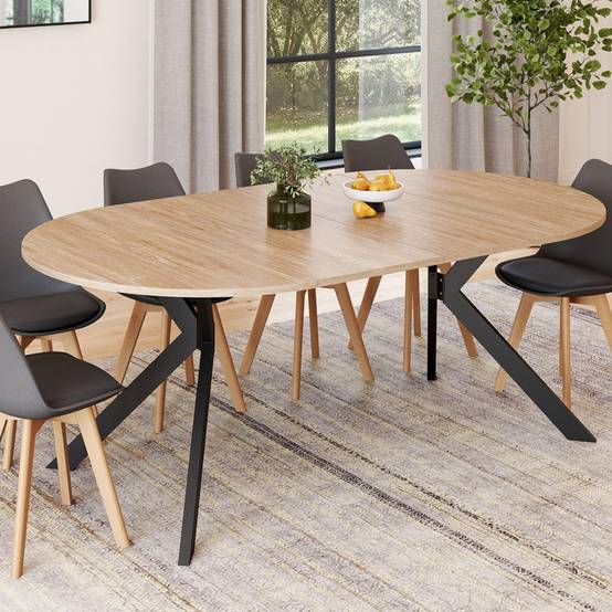 Table à manger extensible ronde ALIX 4-10 personnes pied araignée bois et noir 110-200 cm - Image 1