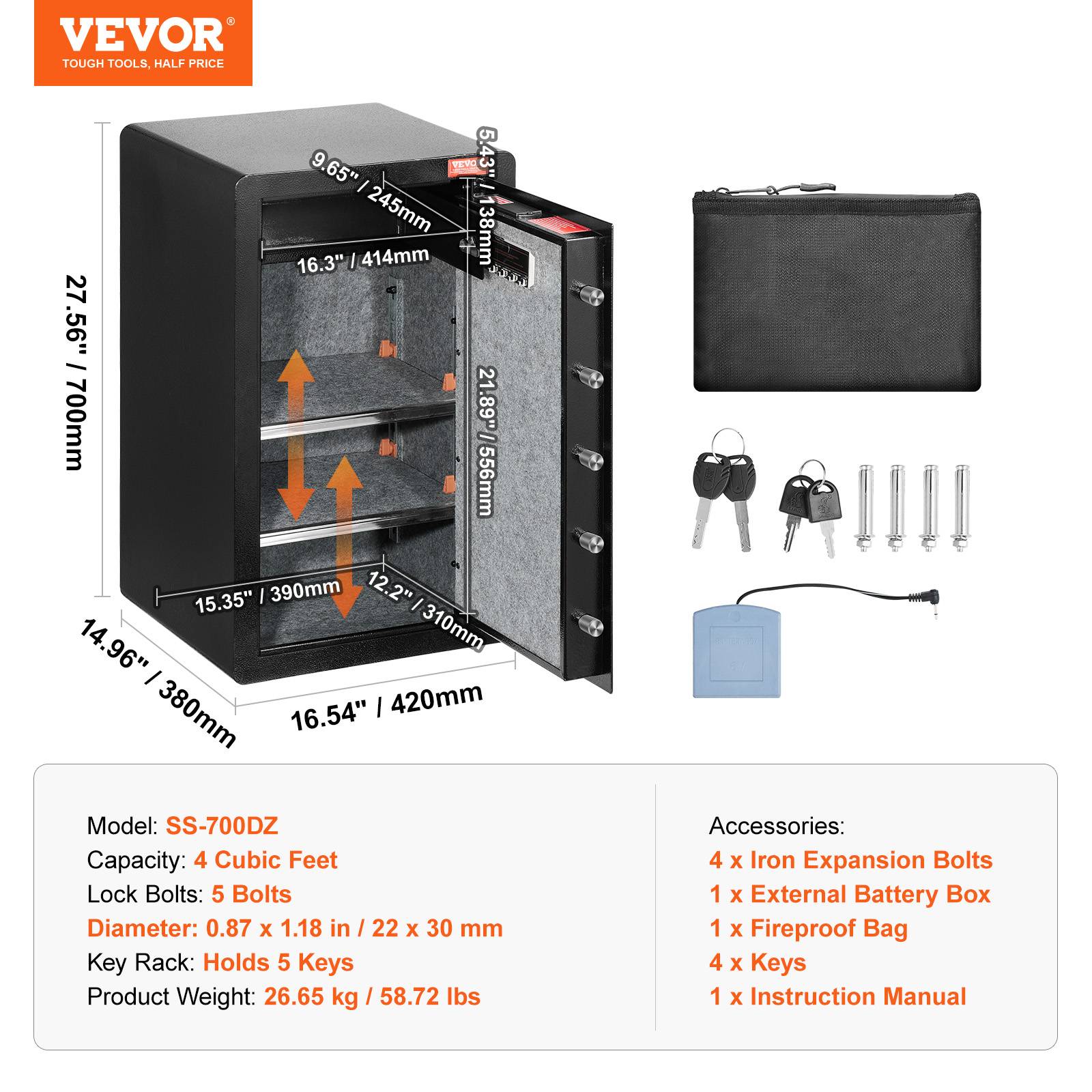 VEVOR Coffre-fort porte simple 113L, 2 façons déverrouillage clé/mot de passe, sac, LED, noir. - Image 7