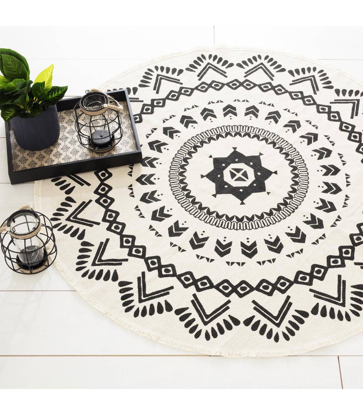 Tapis Rond Noir et Blanc en Coton D 120 cm - Imagen 4