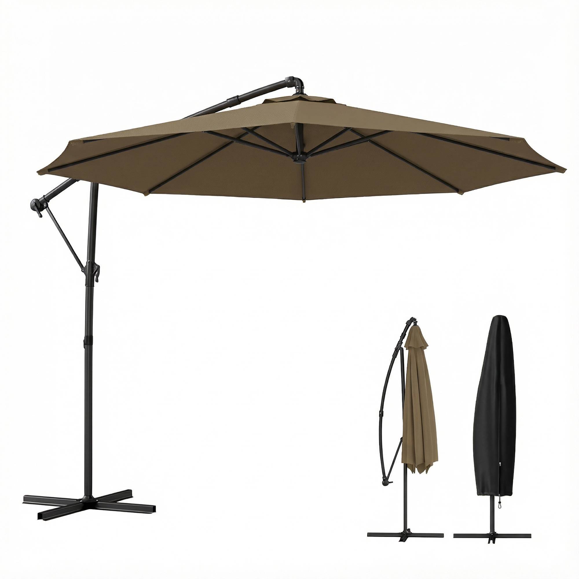 Parasol déporté rond 3 m, parasol de jardin inclinable avec housse de - 300x300x235cm Métal Kaki fr330 - Image 2