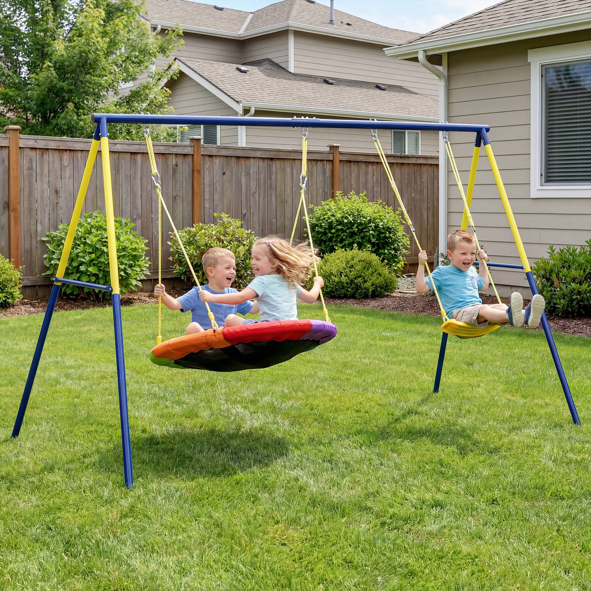 Balançoire bébé cordes réglables, support acier, charge 150 kg, pour 3 enfants 3-8 ans, multicolore, solide pour le jardin - Image 1