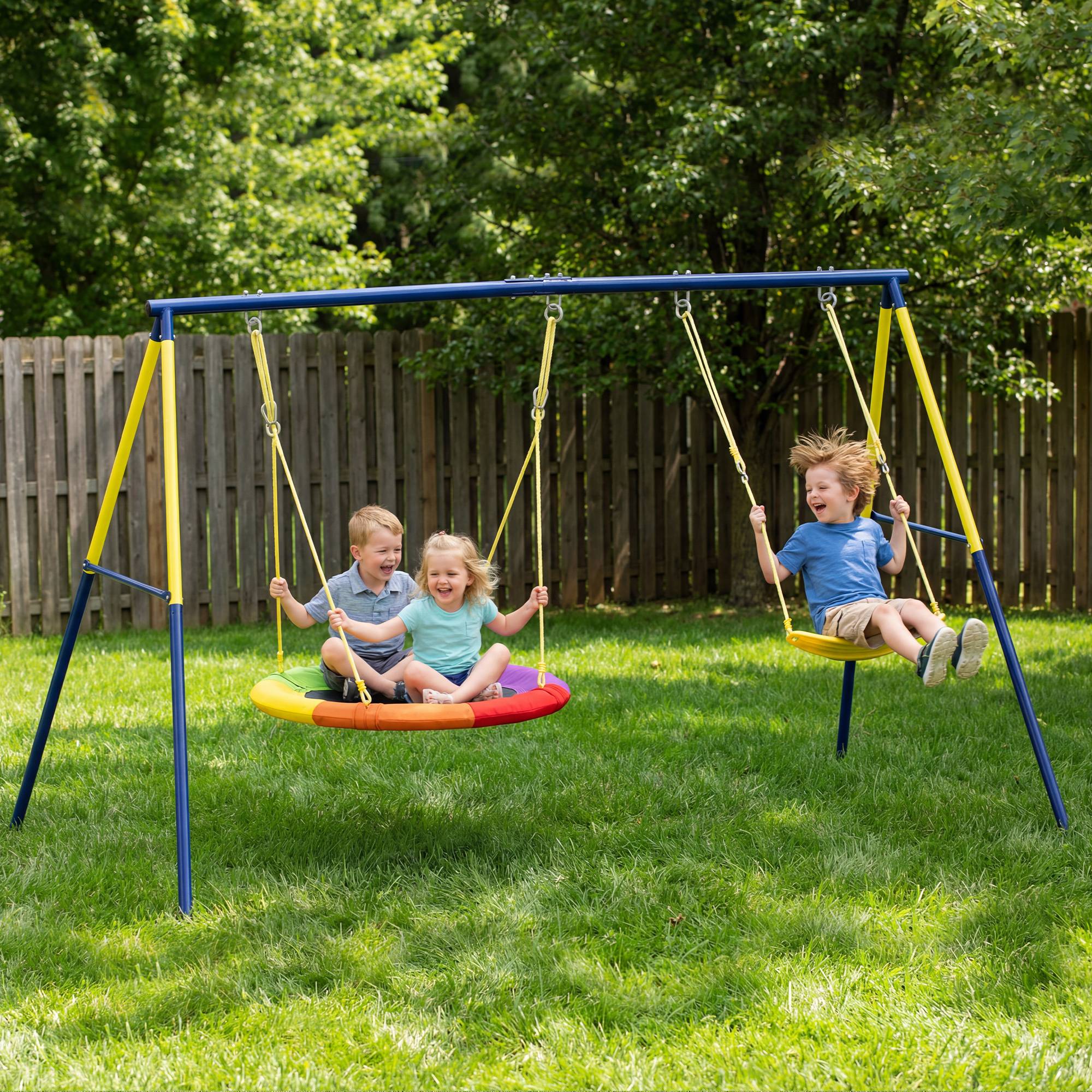 Balançoire bébé cordes réglables, support acier, charge 150 kg, pour 3 enfants 3-8 ans, multicolore, solide pour le jardin - Image 2