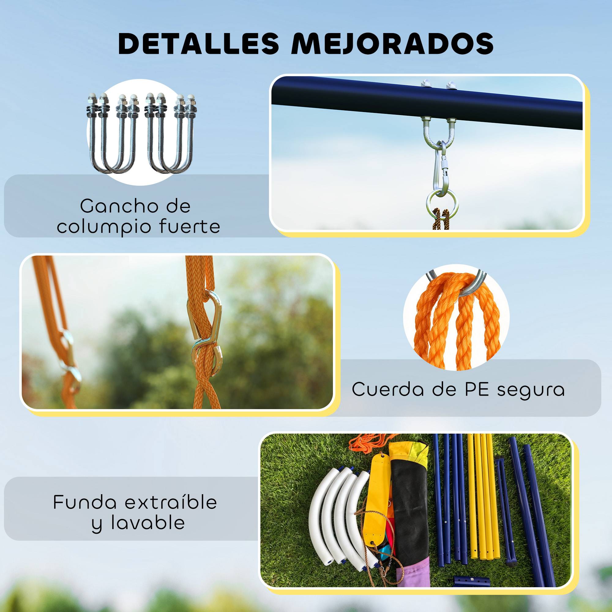 Balançoire bébé cordes réglables, support acier, charge 150 kg, pour 3 enfants 3-8 ans, multicolore, solide pour le jardin - Image 8