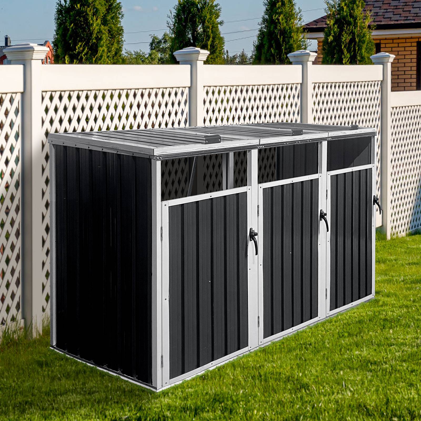 Cache-poubelle triple acier galvanisé jardin abri 3 bacs 240L gris 222x82x121cm - ComfortXL Outdoor Living - Image 7