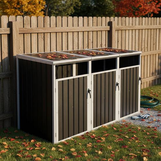 Cache-poubelle triple acier galvanisé jardin abri 3 bacs 240L gris 222x82x121cm - ComfortXL Outdoor Living - Image 1