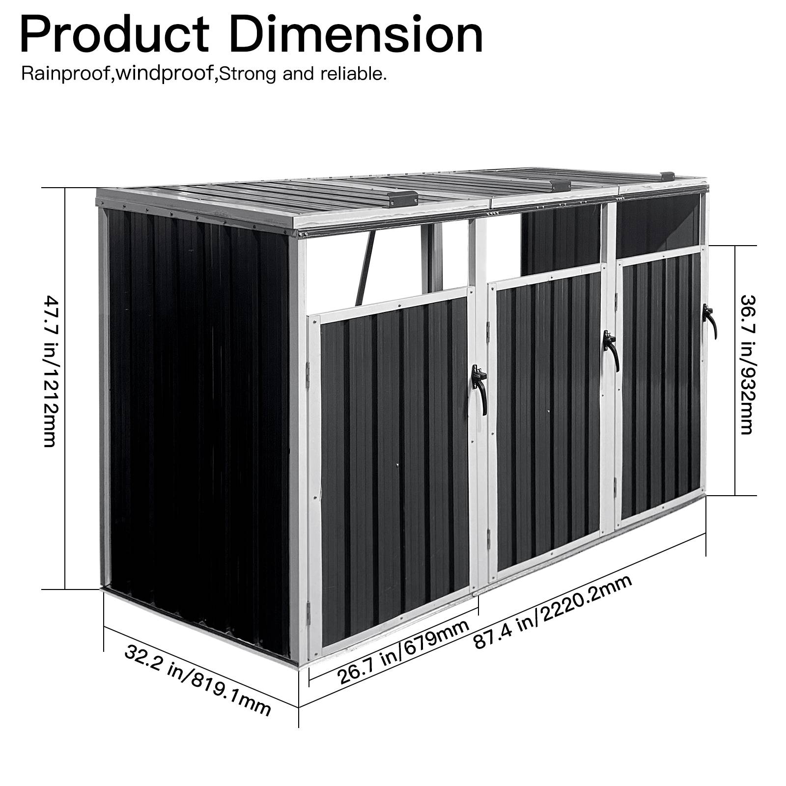 Cache-poubelle triple acier galvanisé jardin abri 3 bacs 240L gris 222x82x121cm - ComfortXL Outdoor Living - Image 2