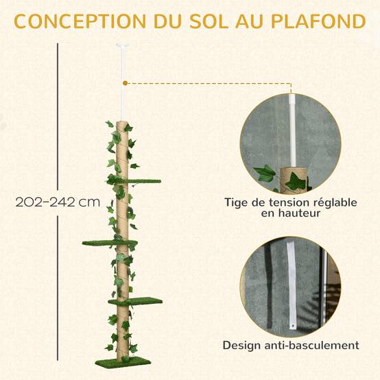 Arbre à chat ajustable plafond intérieur 4 niveaux gazon artificiel vert - ComfortXL Outdoor Living - Image 7