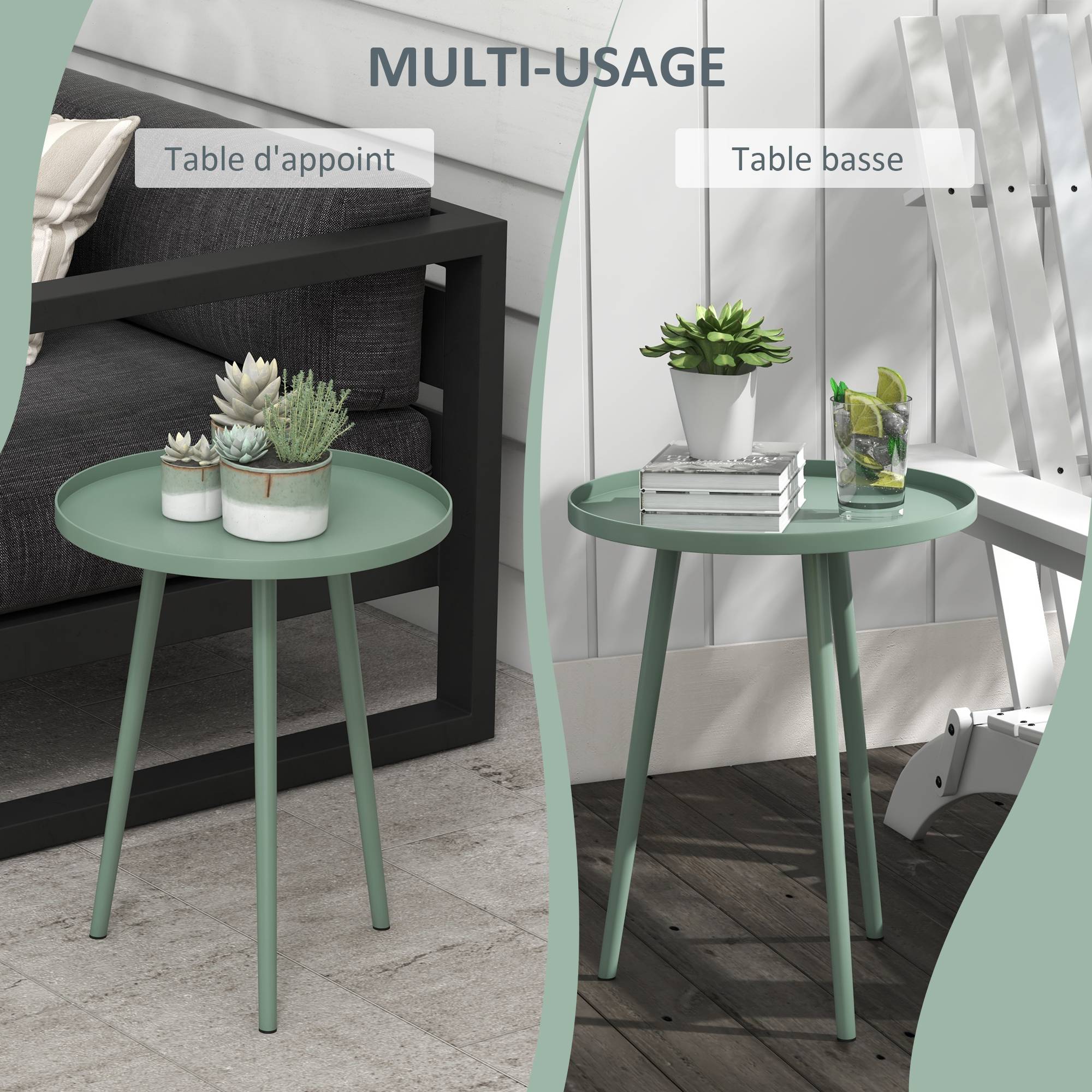 Table basse de jardin ronde, table d'appoint extérieur avec bord rond en acier, dim. Ø40 x 50H cm vert - Image 7
