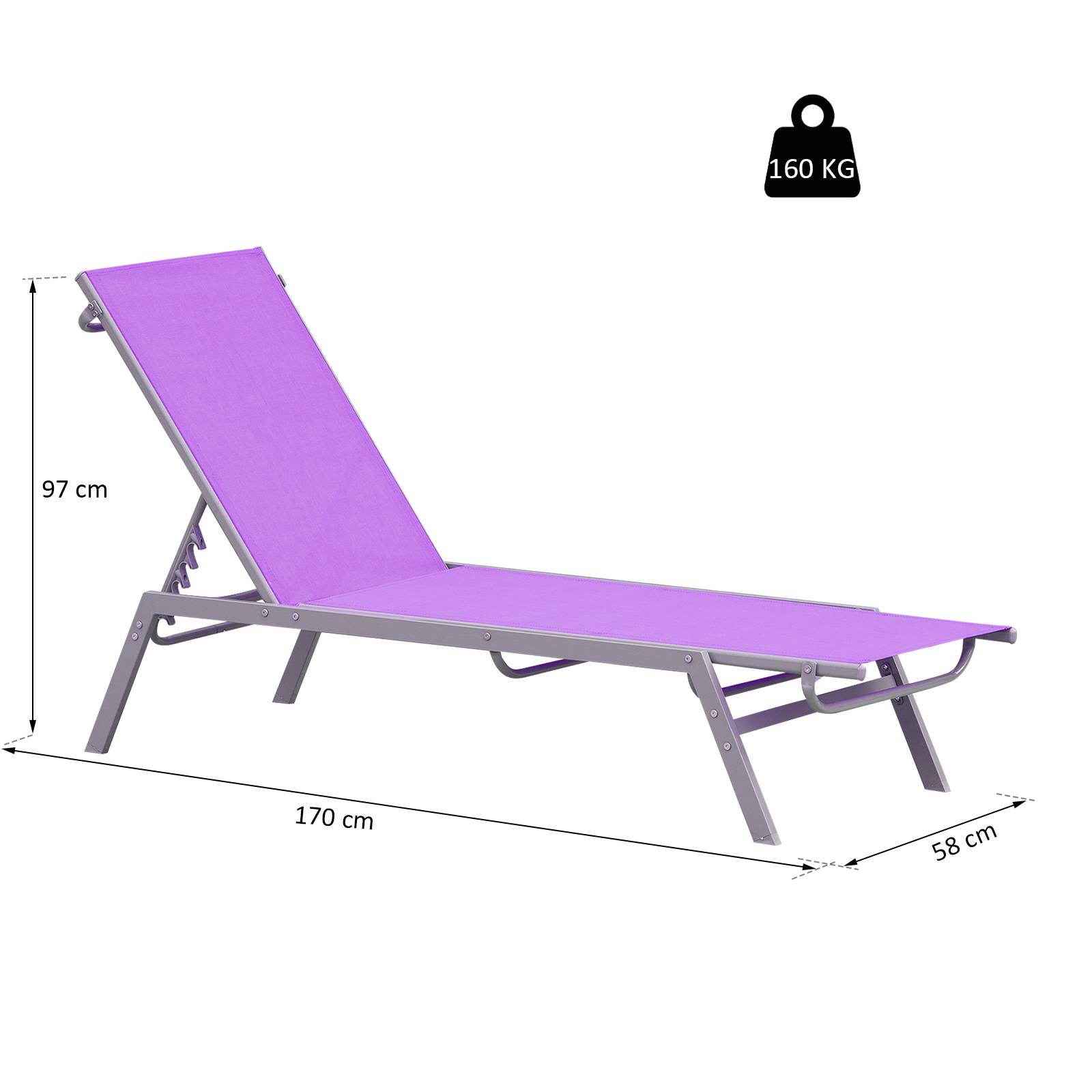 Outsunny - Bain de soleil transat design contemporain - dossier inclinable multi-positions - métal époxy textilène mauve - Outsunny - Imagen 3