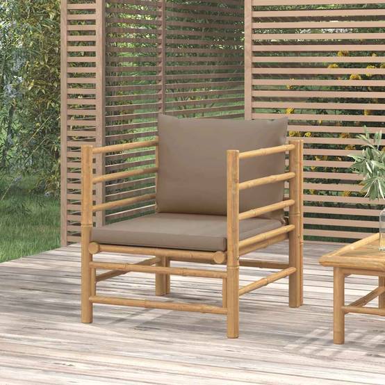 Fauteuil de Jardin Relaxant en Bambou Naturel avec Accoudoirs et Coussins Confort Taupe – ComfortXL Outdoor Living - Image 1