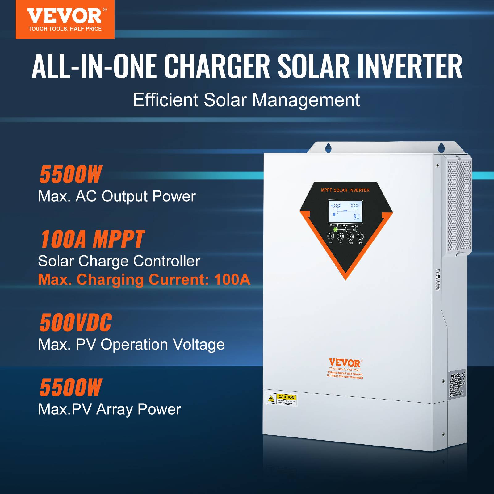 Vevor - VEVOR Onduleur hybride 5500W, 230V, contrôleur solaire MPPT 100A intégré, charge hybride/hors réseau. - Image 2