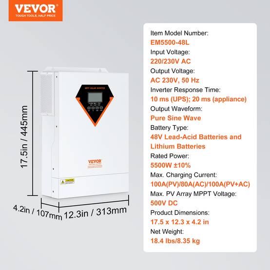 Vevor - VEVOR Onduleur hybride 5500W, 230V, contrôleur solaire MPPT 100A intégré, charge hybride/hors réseau. - Image 7