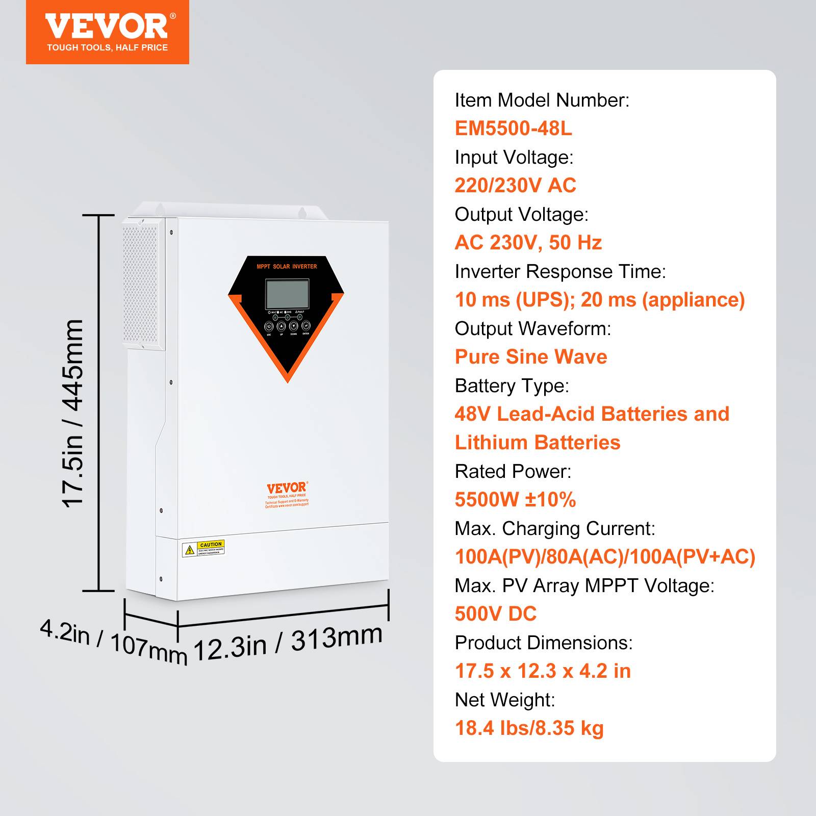 Vevor - VEVOR Onduleur hybride 5500W, 230V, contrôleur solaire MPPT 100A intégré, charge hybride/hors réseau. - Image 7