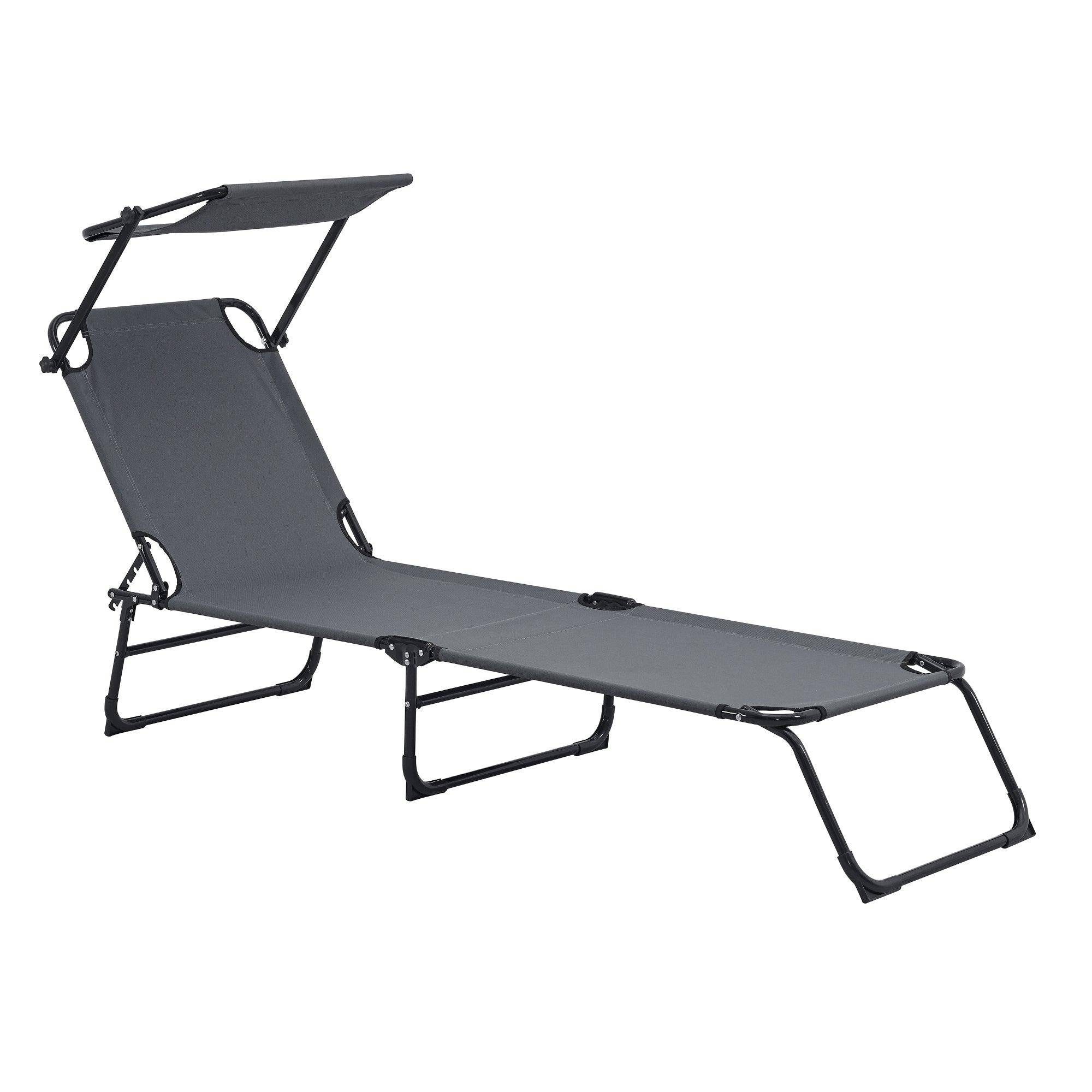 Helloshop26 - Bain de soleil transat chaise longue pliable avec pare soleil acier pvc polyester 187 cm gris foncé - Imagen 1