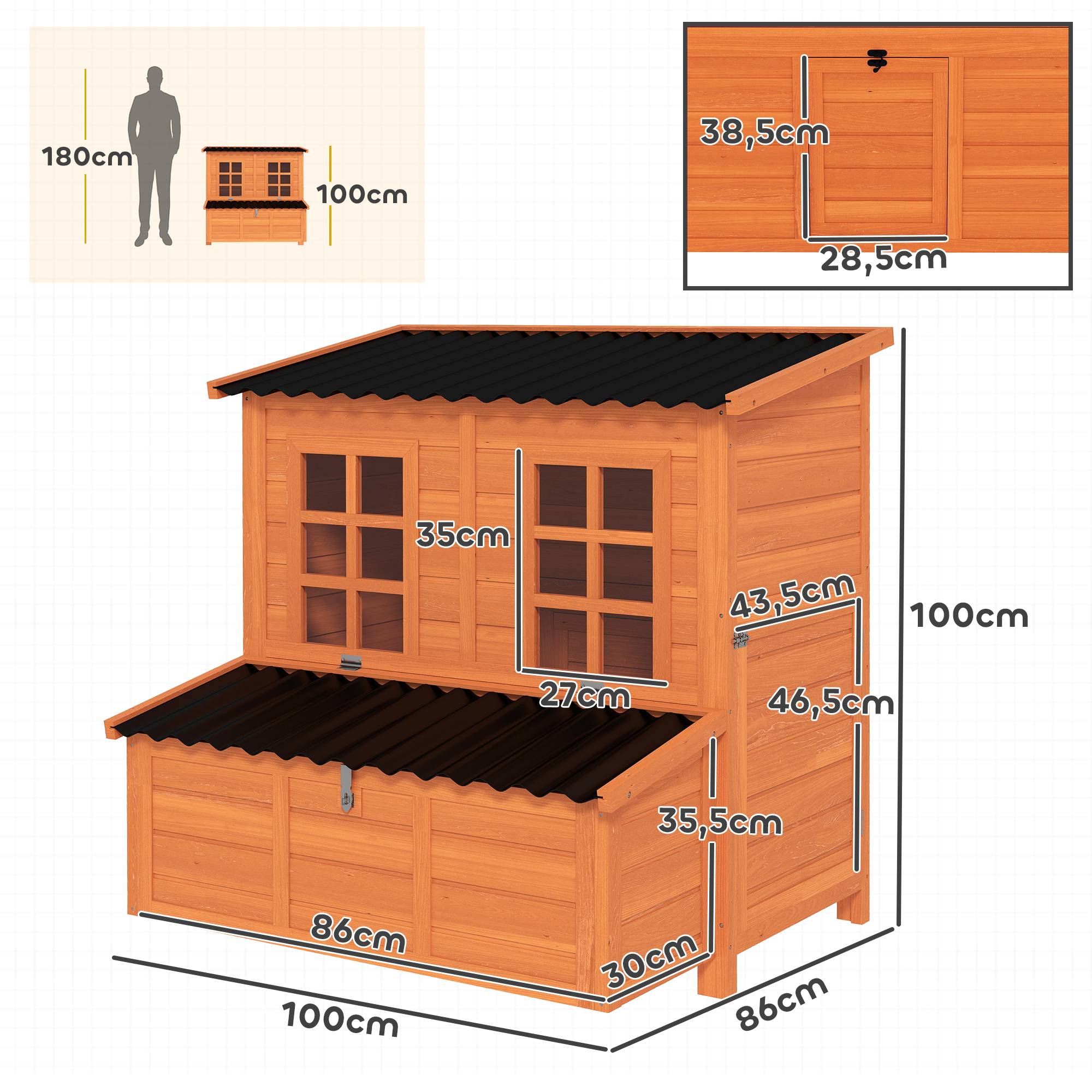 Poulailler avec pondoir pour 3-4 poules, toit étanche, bois de sapin, plastique, 100 x 86 x 100 cm, orange - Image 5