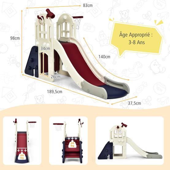 Toboggan 6 en 1 pour Enfant - Glisse de 140 CM - avec Panier de Basket, Escalade, Bleu - Image 3