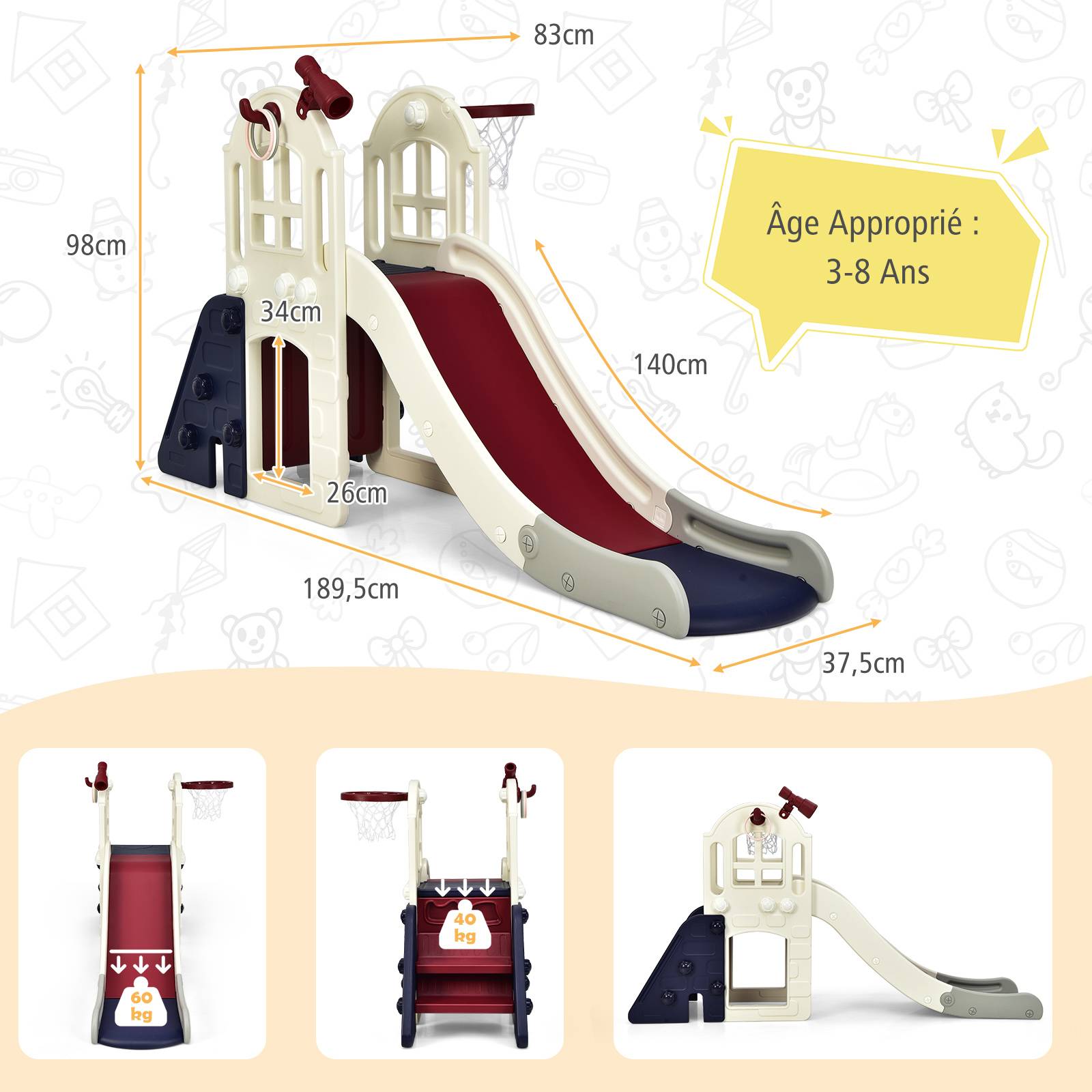 Toboggan 6 en 1 pour Enfant - Glisse de 140 CM - avec Panier de Basket, Escalade, Bleu - Image 3