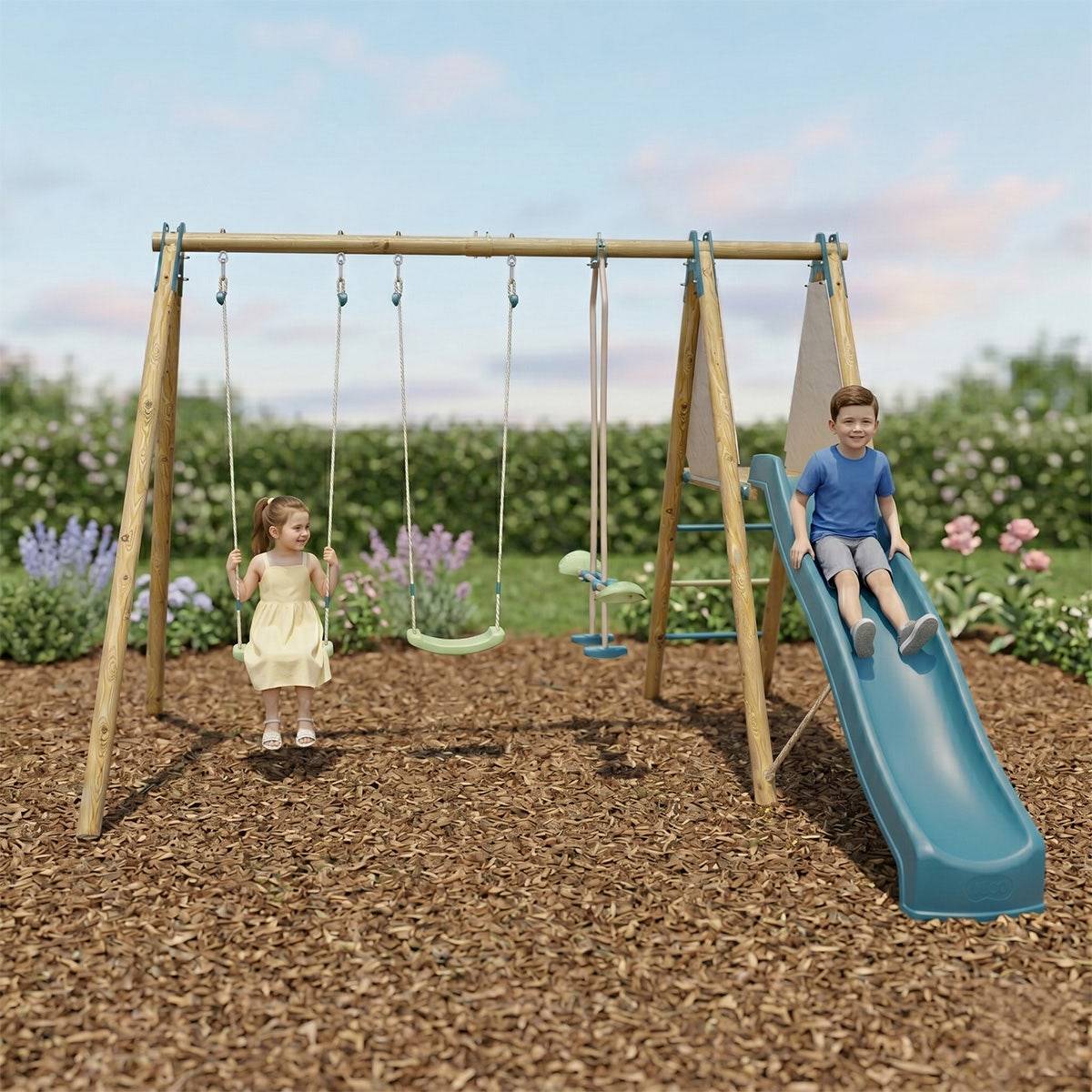 Trigano Jardin - Balançoire bois Techwood Optima 2 2,30 m avec toboggan – Trigano - Image 2