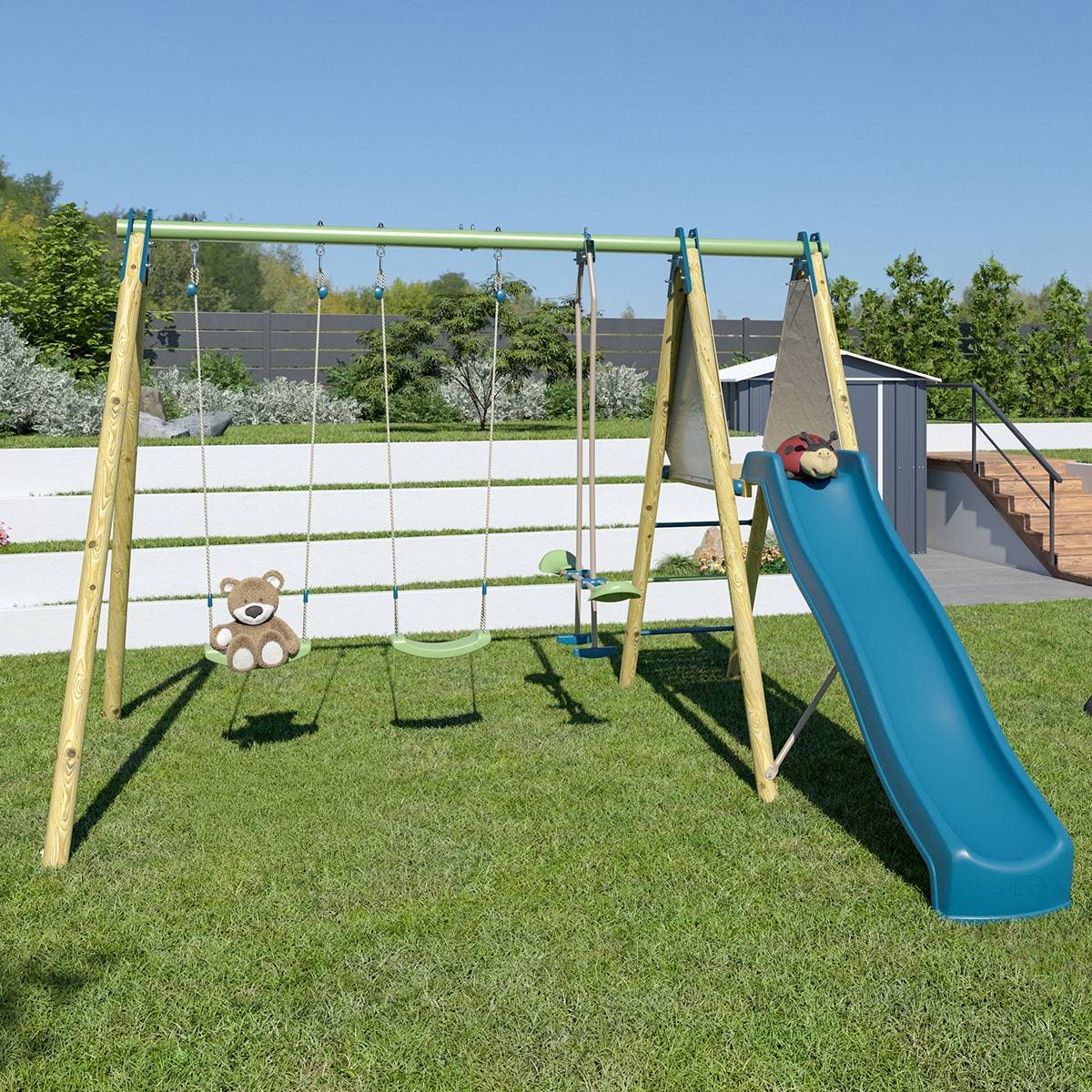 Trigano Jardin - Balançoire bois Techwood Optima 2 2,30 m avec toboggan – Trigano - Image 7