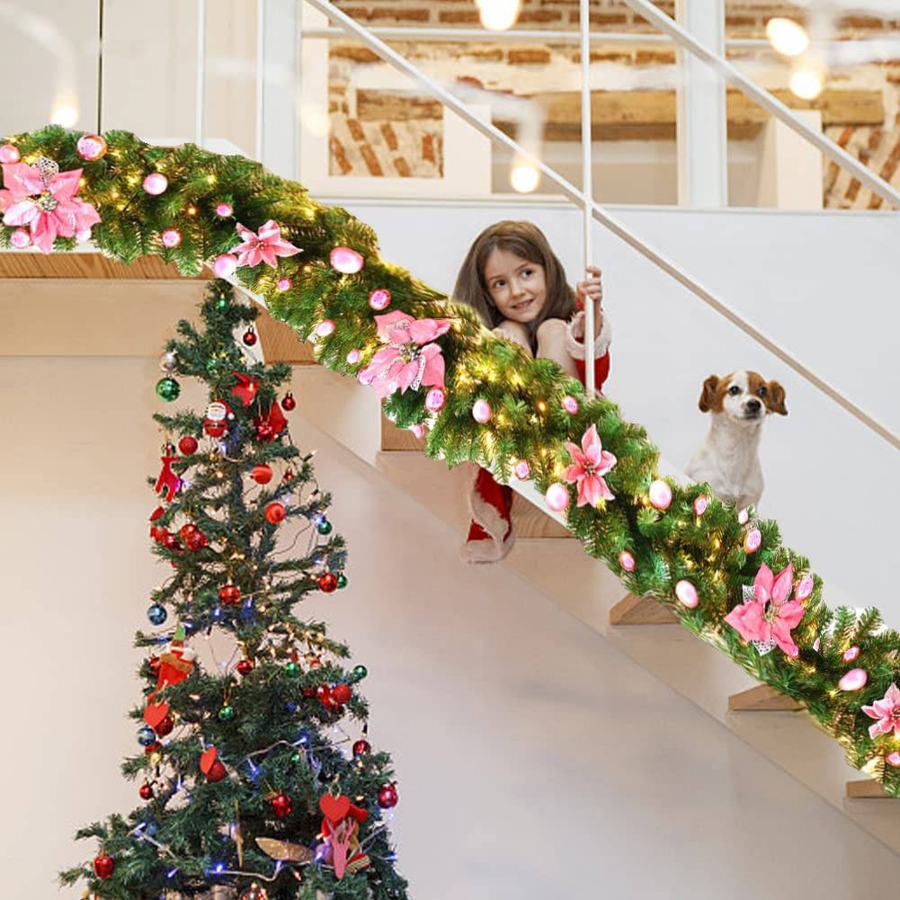 Guirlande de Noël de 2,7 m avec fleurs et boules de Noël, guirlande lumineuse LED chaude pour porte, escalier, porche (rose) - Image 3