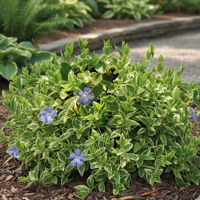 Pervenche Argenteovariegata à fleurs Bleue/ - feuillage Persistant - Lot de 5 godets