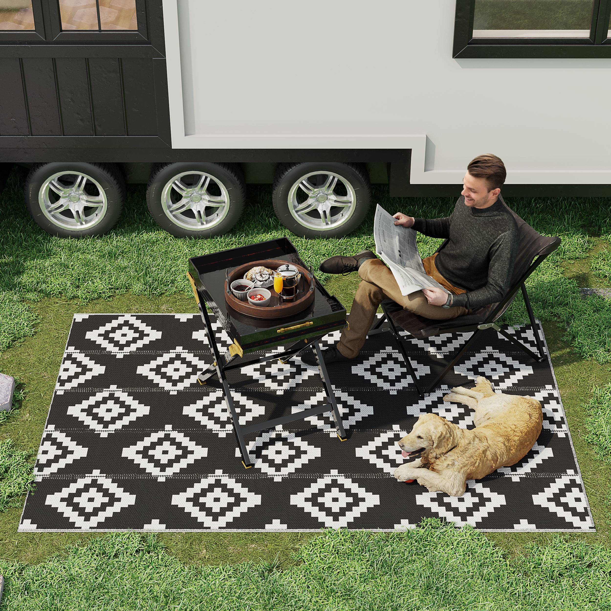 Tapis extérieur réversible Polypropylène Balcon terrasse Motif géométrique 182x274cm Noir - ComfortXL Outdoor Living - Image 4